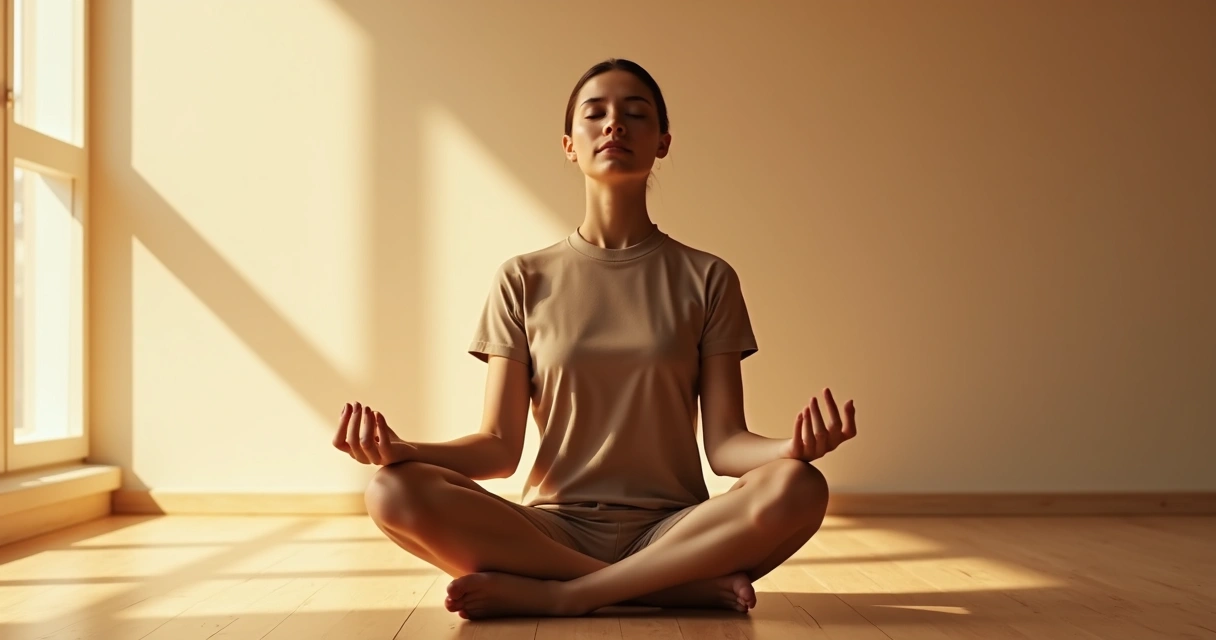 Pessoa sentada em posição de meditação, olhos fechados, luz suave ao redor 