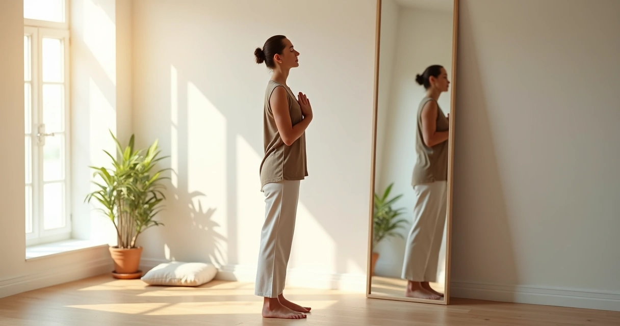 Pessoa meditando em pé diante de um espelho com reflexo desfocado simbolizando comportamento automático 