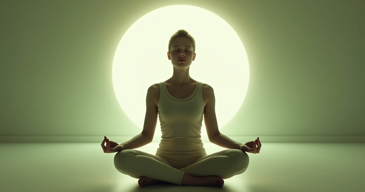 Pessoa sentada em silêncio, olhos fechados, luz suave em torno da cabeça, ambiente sereno