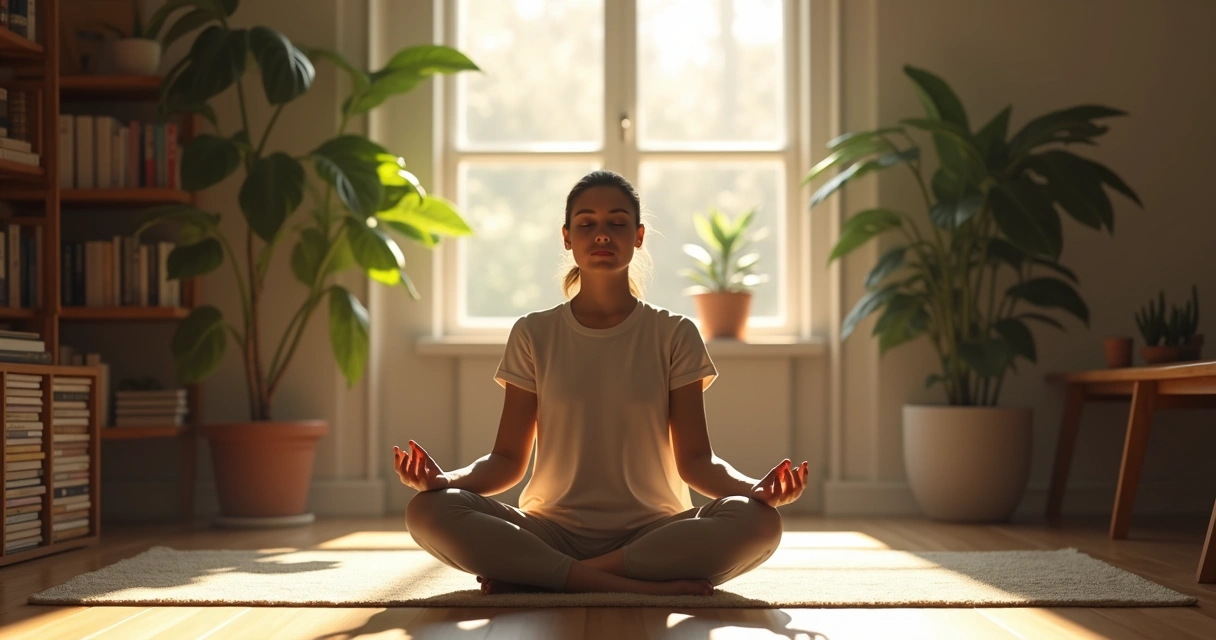Pessoa sentada em silêncio, praticando meditação, com ambiente calmo e iluminação suave 