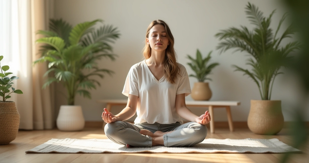 Pessoa meditando sentada em ambiente sereno, luz suave 