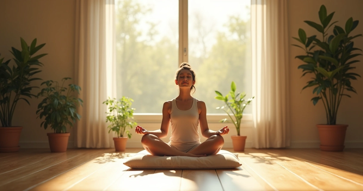 Pessoa sentada meditando em ambiente calmo e natural 