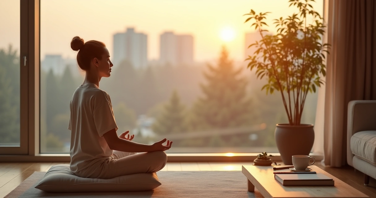Pessoa sentada em meditação perto da janela com luz suave ao amanhecer 