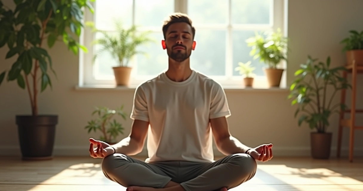 Homem sentado em posição de meditação em um ambiente tranquilo, com plantas ao fundo 