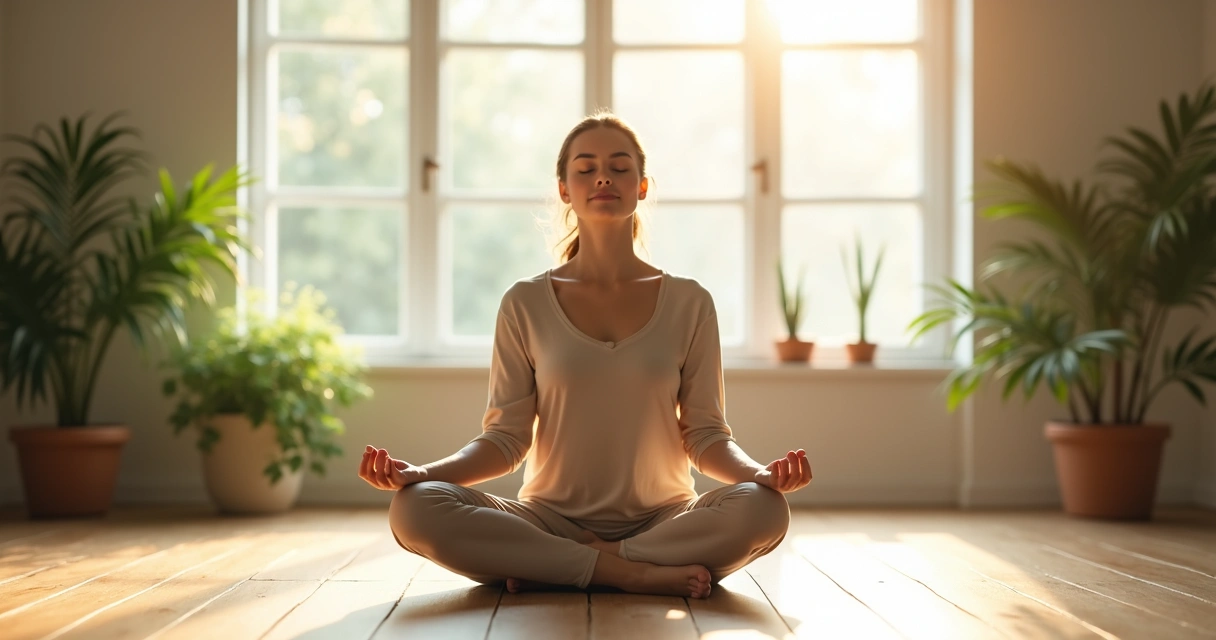 Pessoa sentada praticando meditação em ambiente tranquilo 