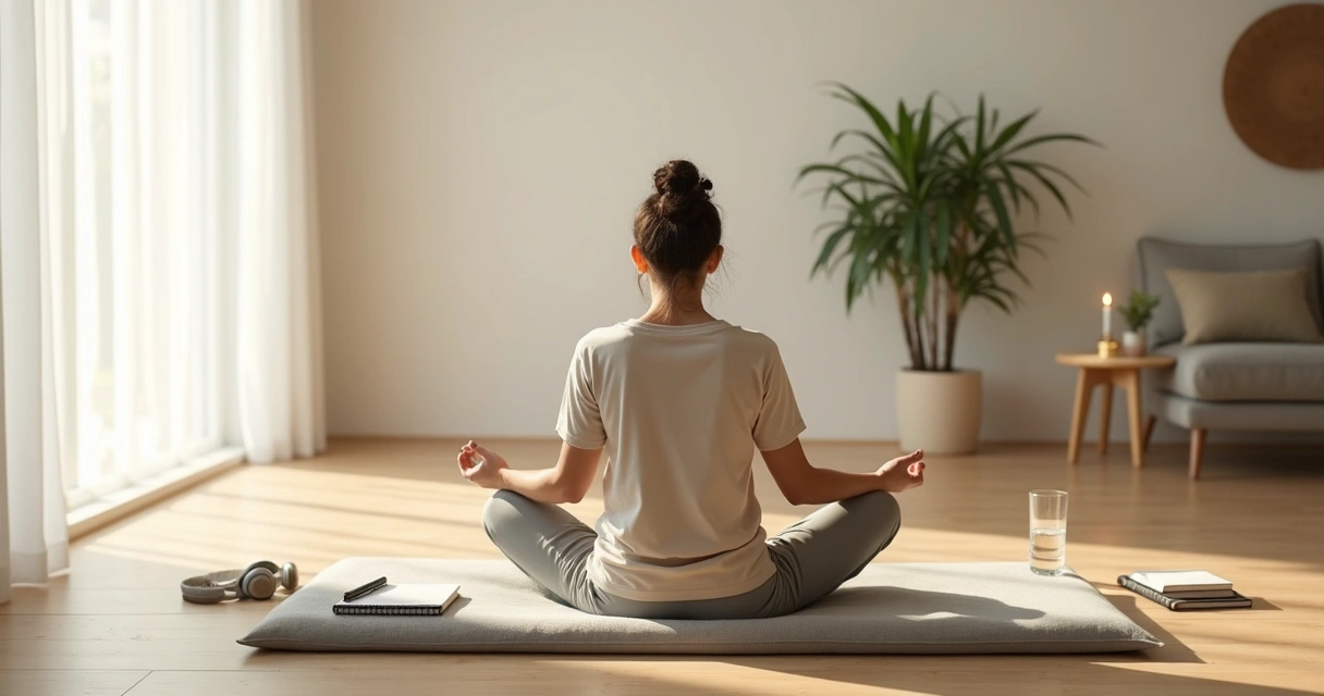 Pessoa sentada meditando em sala clara com luz natural e caderno ao lado 
