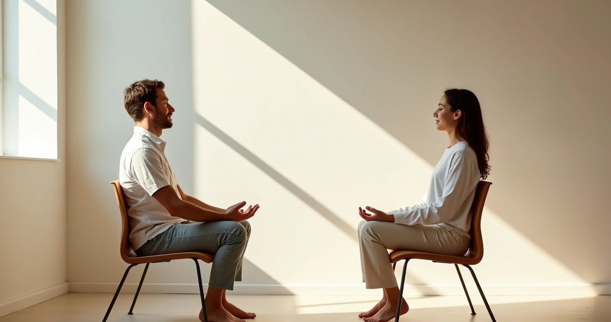 Homem e mulher sentados em cadeiras, olhos fechados, praticando meditação juntos 