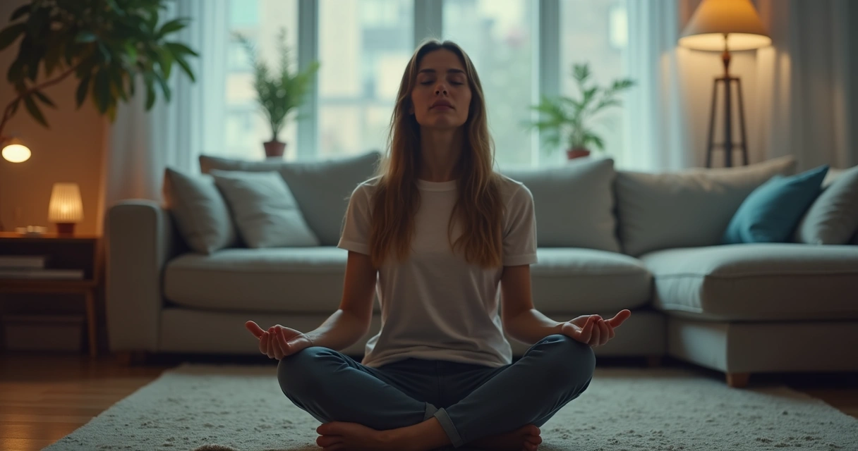Pessoa sentada de olhos fechados, focada na respiração, com fundo levemente desfocado simbolizando o caos externo 
