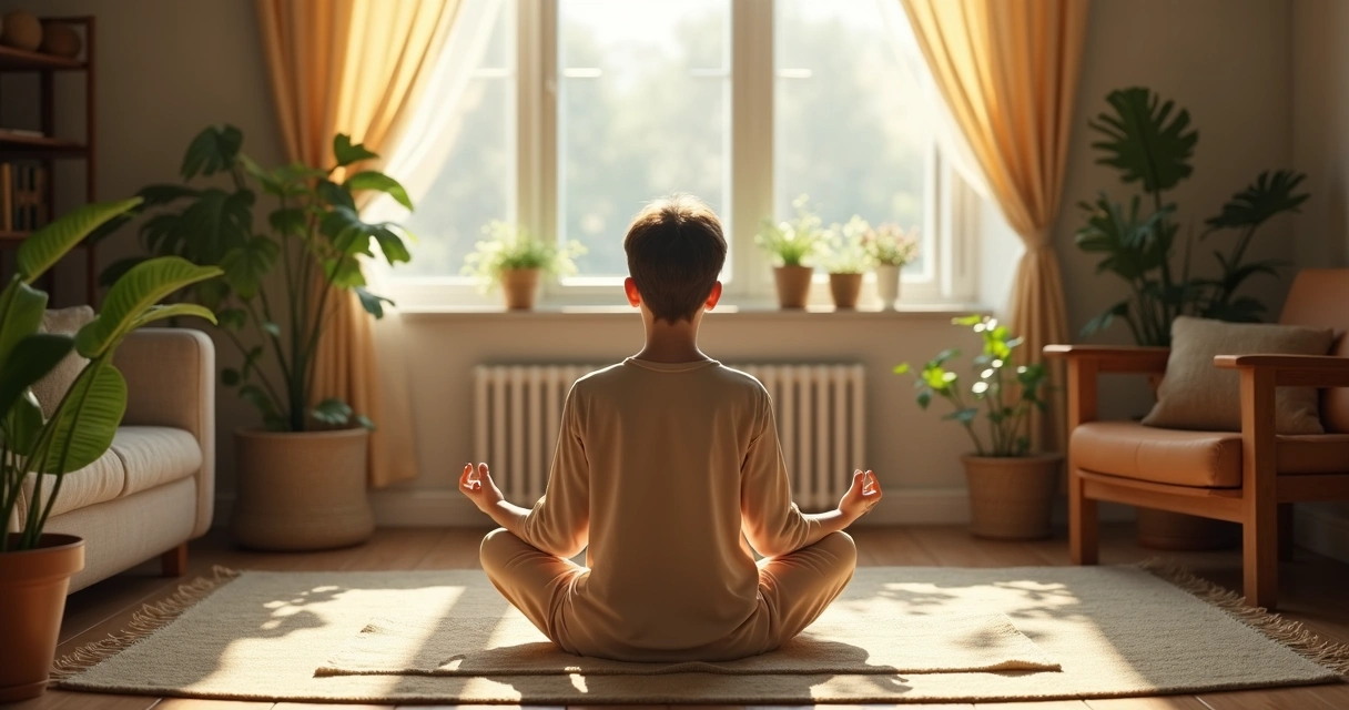 Pessoa sentada em posição de meditação em um ambiente de sala, com luz suave entrando pela janela 