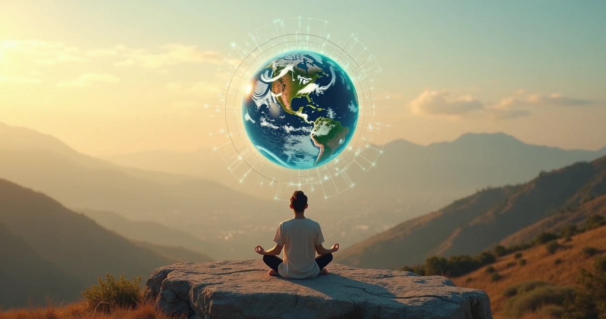 Pessoa meditando ao ar livre com o planeta Terra ao fundo 