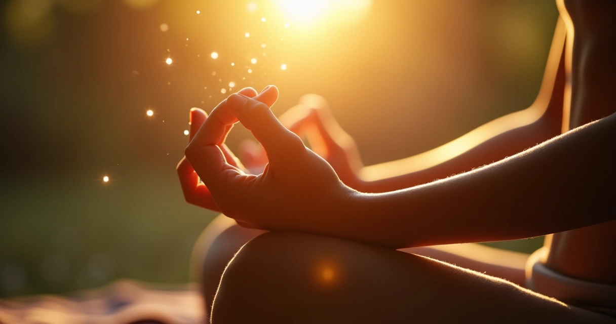 Mãos apoiadas no colo em gesto de meditação, luz dourada ao fundo mostrando serenidade