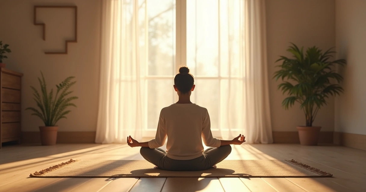 Pessoa praticando meditação marquesiana sentada sozinha, ambiente tranquilo, luz suave 