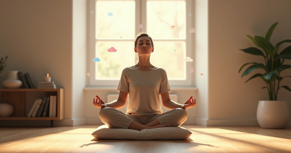 Pessoa meditando em sala minimalista com pensamentos representados como nuvens suaves ao redor 