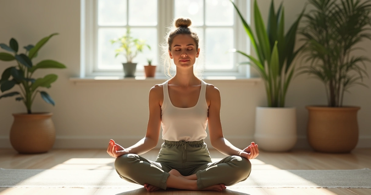 Pessoa sentada de olhos fechados, em posição de meditação, com expressão serena, ambiente claro e natural 