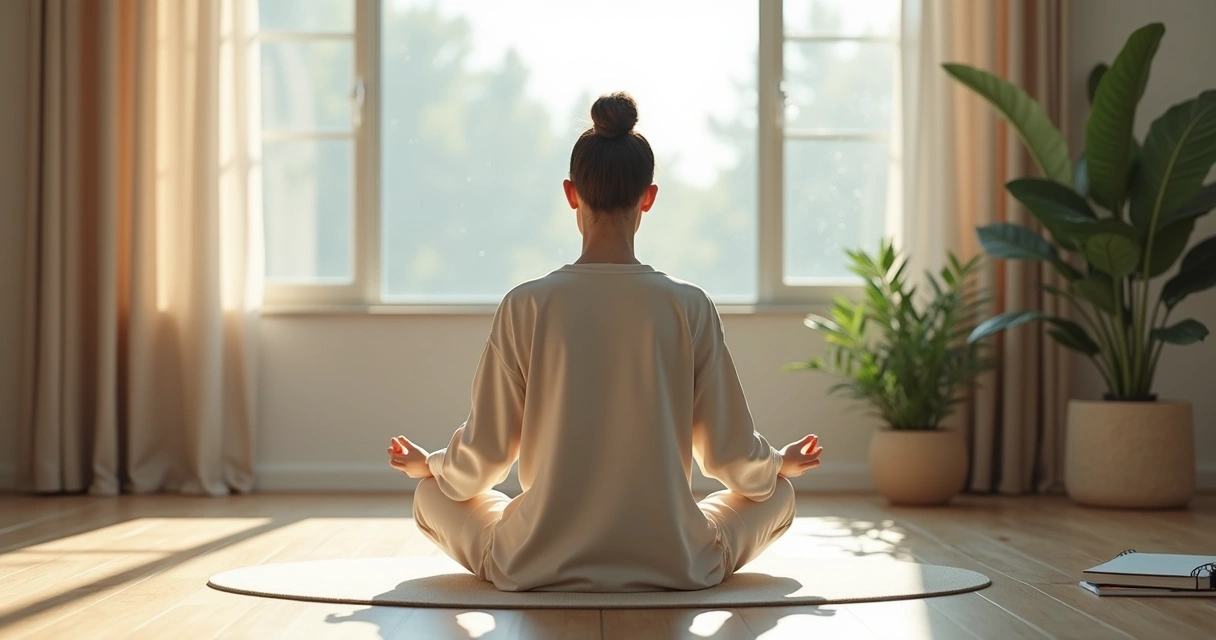 Pessoa sentada em meditação em ambiente sereno com luz suave 