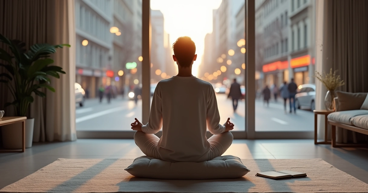 Pessoa sentada em silêncio perto da janela em meio à cidade movimentada 