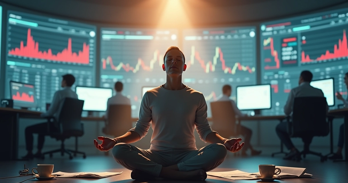 Pessoa sentada em meditação em meio a ambiente de crise corporativa 