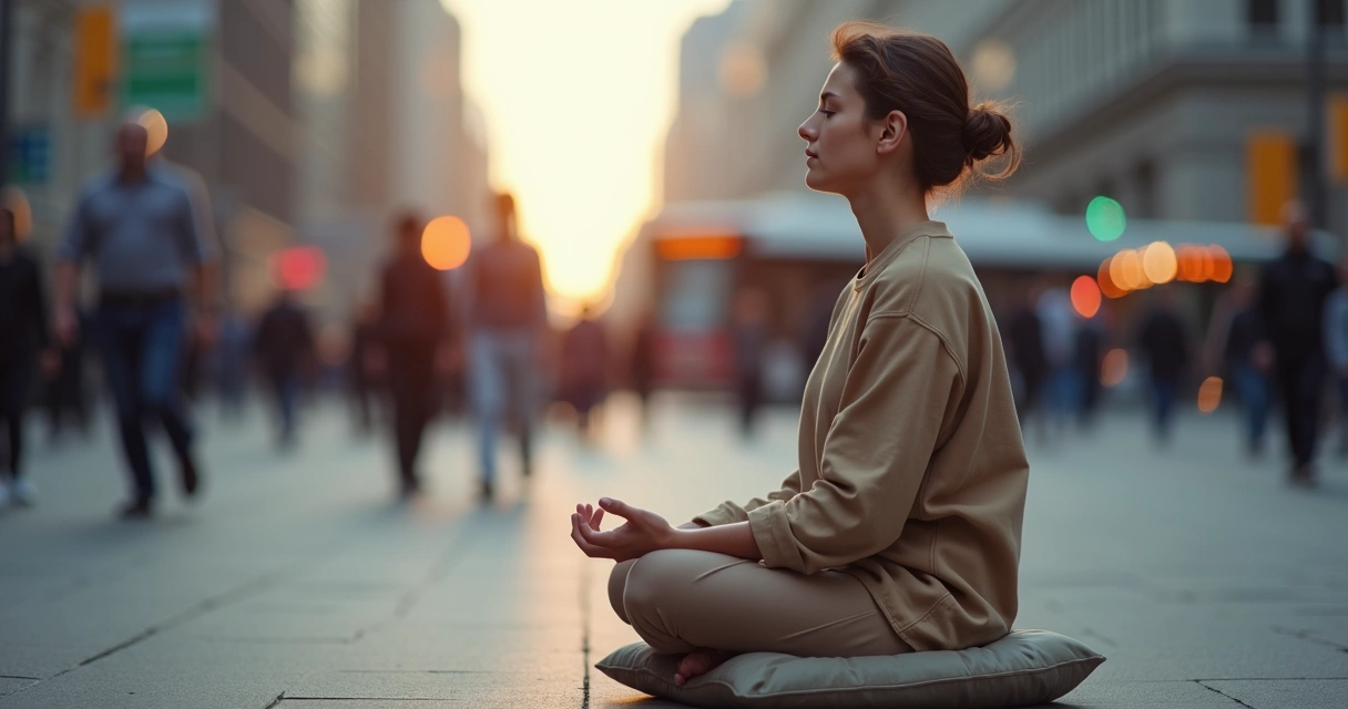 Pessoa sentada em silêncio em meio à cidade movimentada mantendo postura calma 