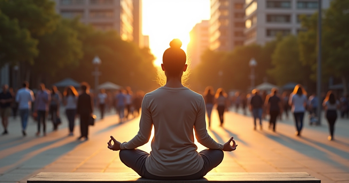 Pessoa meditando em meio à cidade movimentada ao pôr do sol 