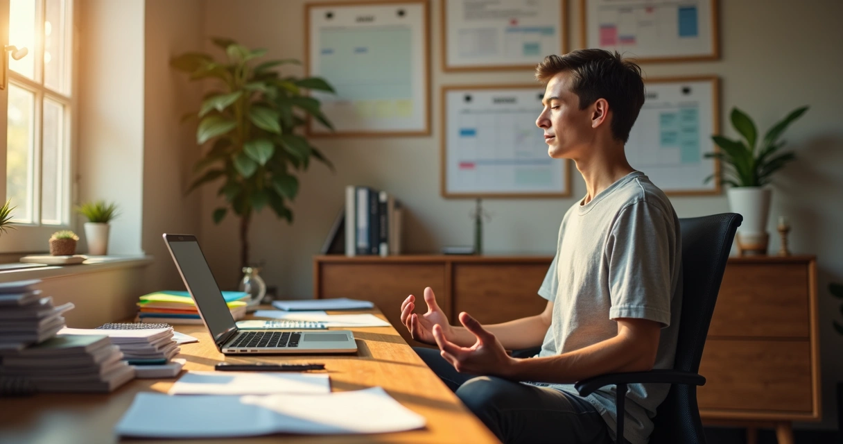 Pessoa meditando em cadeira diante de mesa com tarefas atrasadas em escritório iluminado pelo sol 