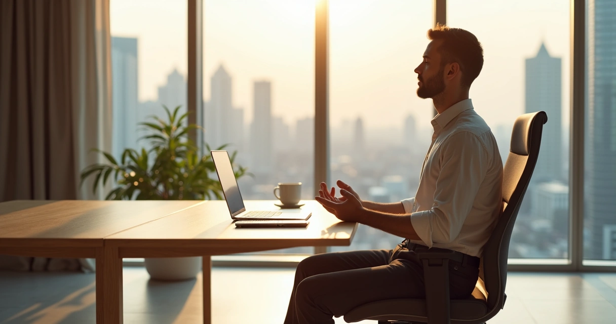 Profissional sentado em meditação em escritório moderno com vista urbana ao amanhecer 