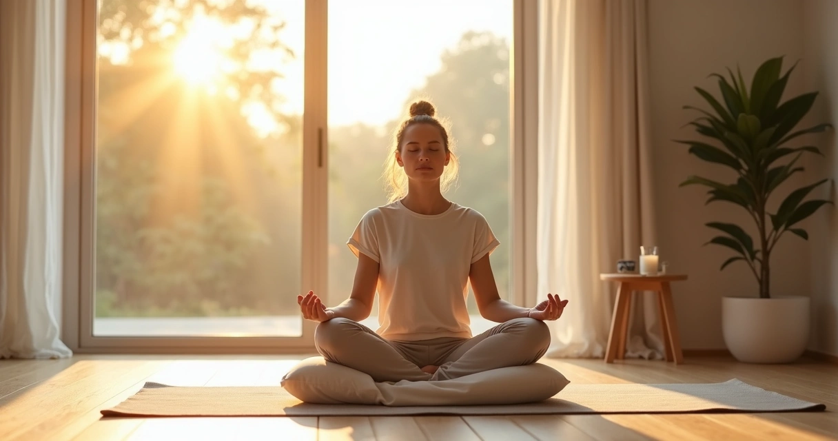Pessoa em meditação profunda sentada no chão de uma sala minimalista ao nascer do sol 