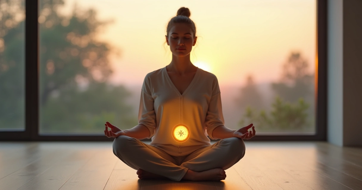 Pessoa meditando segurando uma bússola brilhante no colo 