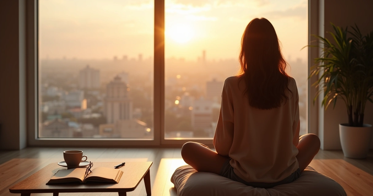 Pessoa sentada em meditação ao amanhecer olhando um caderno de propósito 