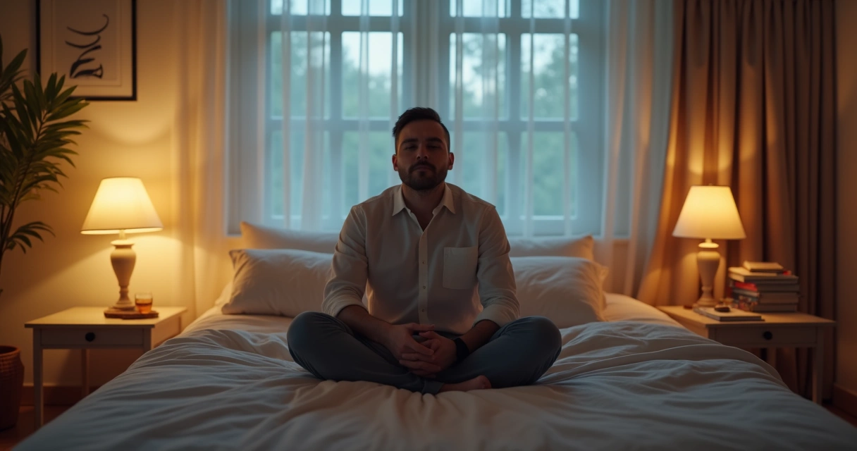 Homem sentado na cama, em posição de meditação em um quarto à noite, luz suave e ambiente tranquilo 