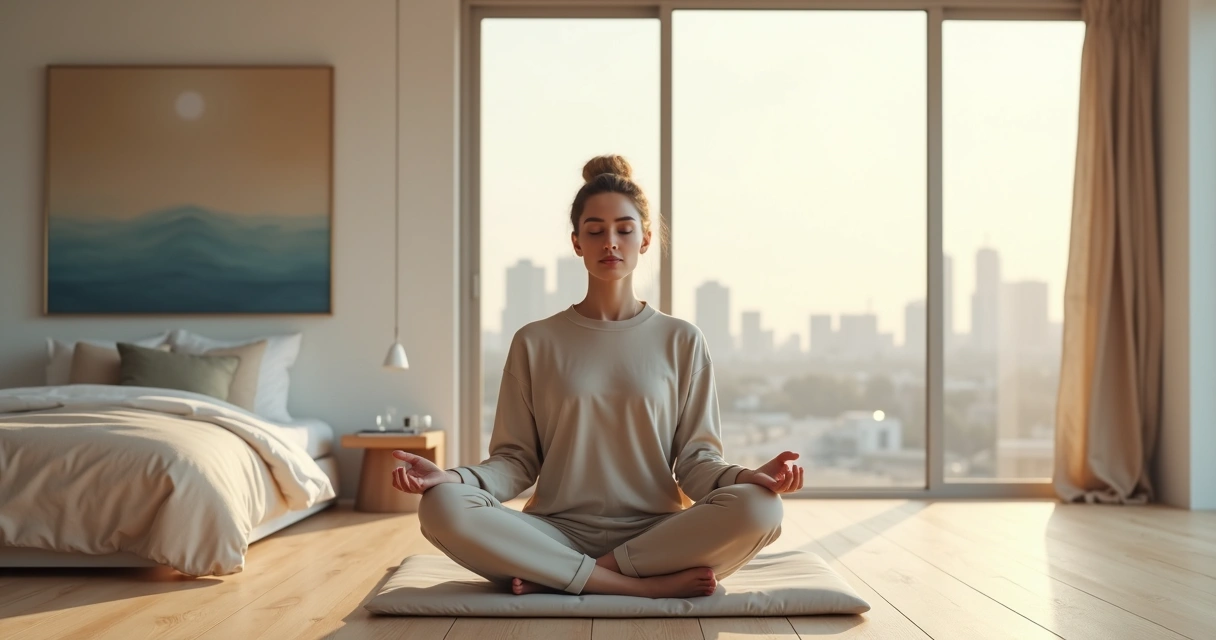 Pessoa meditando sentada em quarto moderno iluminado por luz suave 