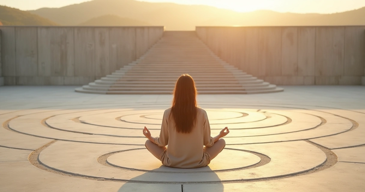 Pessoa meditando em frente a caminhos circulares se desfazendo e uma escada surgindo ao fundo 