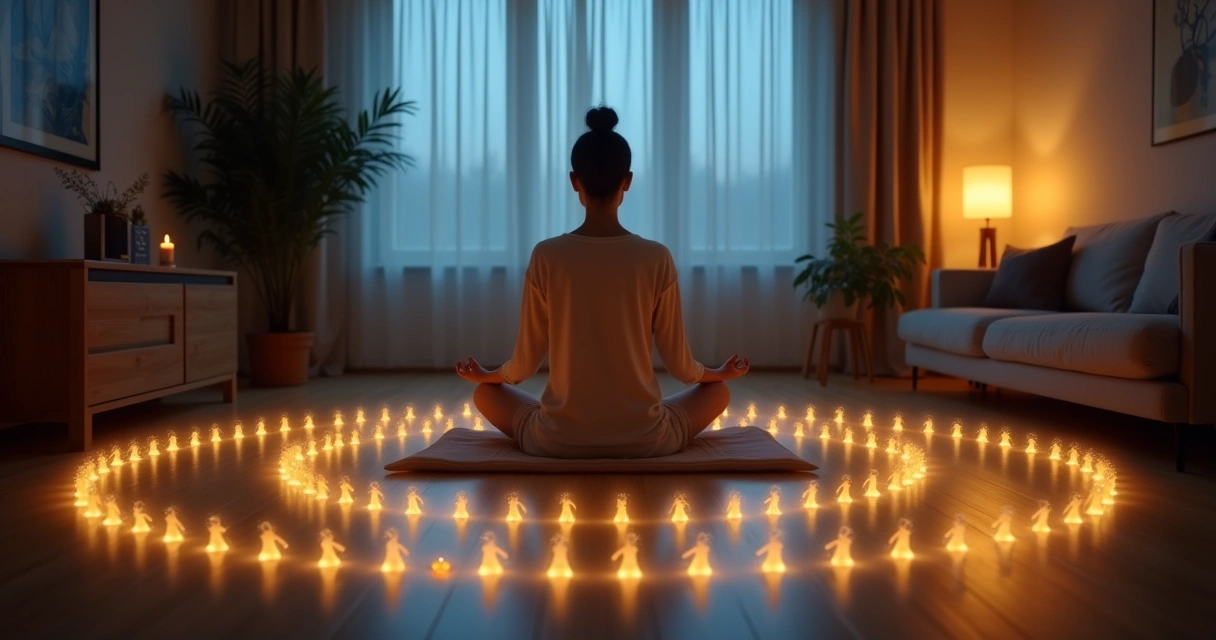 Pessoa meditando em sala enquanto círculo social se desfaz em padrões de luz 