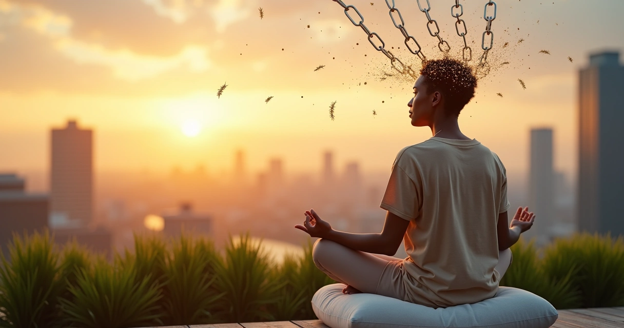 Pessoa meditando com correntes se desfazendo em partículas de luz ao redor da cabeça 