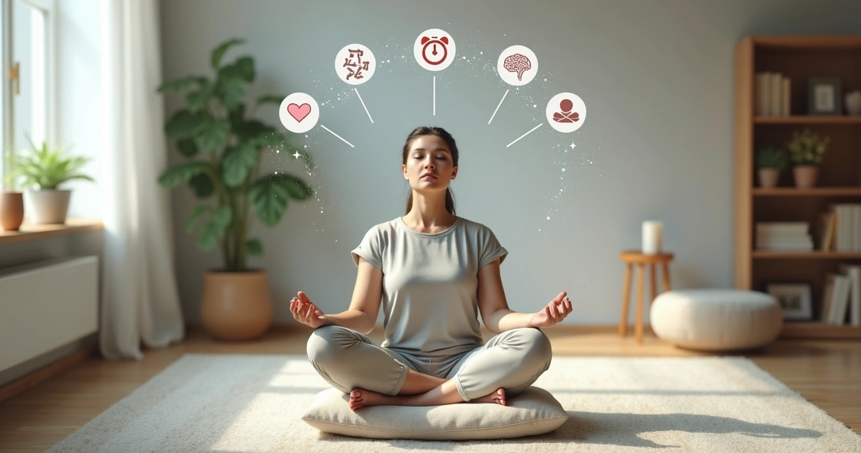 Pessoa sentada meditando com ícones de mitos sendo desfeitos ao redor 