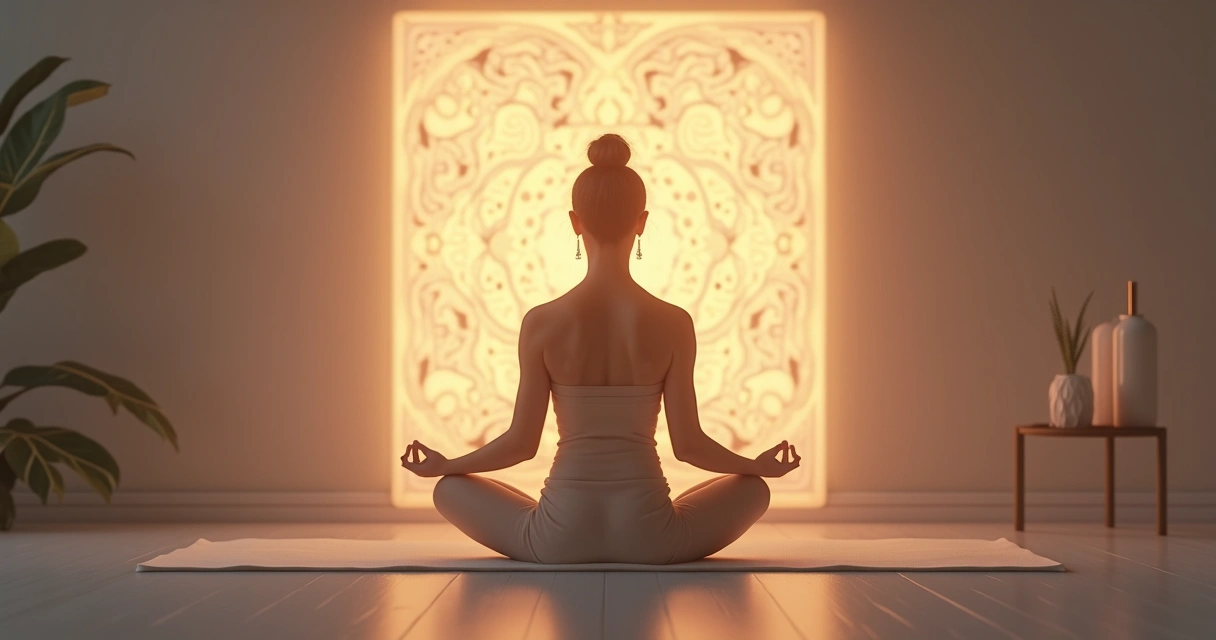 Pessoa meditando com gráfico radiestésico iluminado à frente 