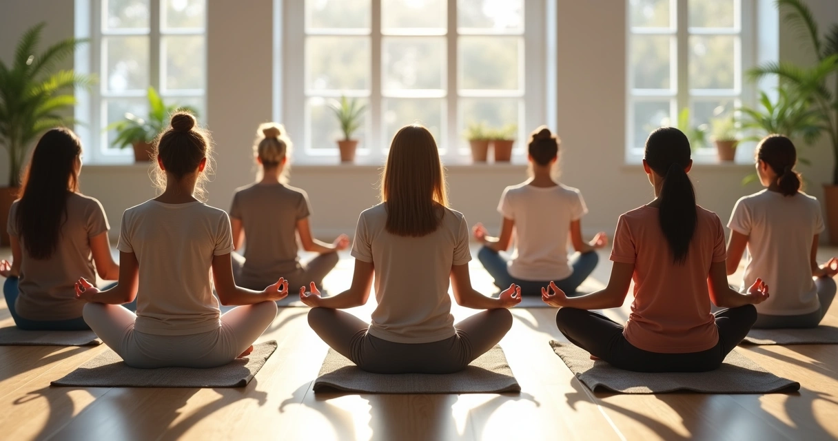 Grupo de pessoas em círculo, olhos fechados, meditando juntos em ambiente calmo.