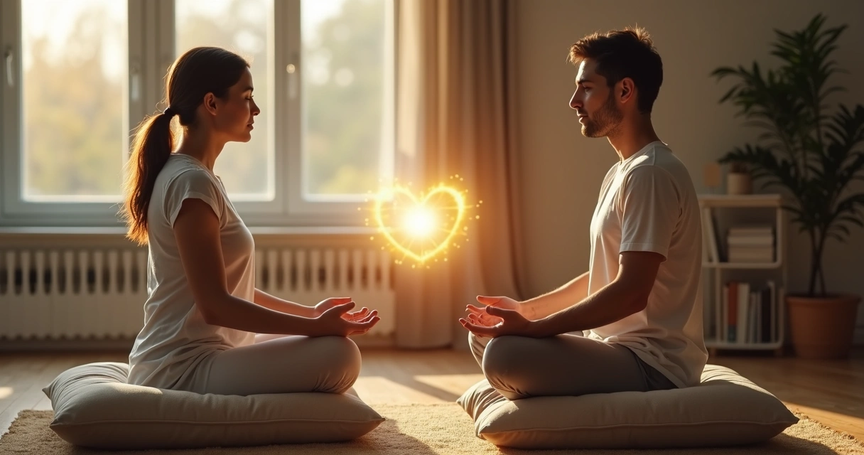 Pessoa meditando em frente a outra pessoa com ponte luminosa entre elas 