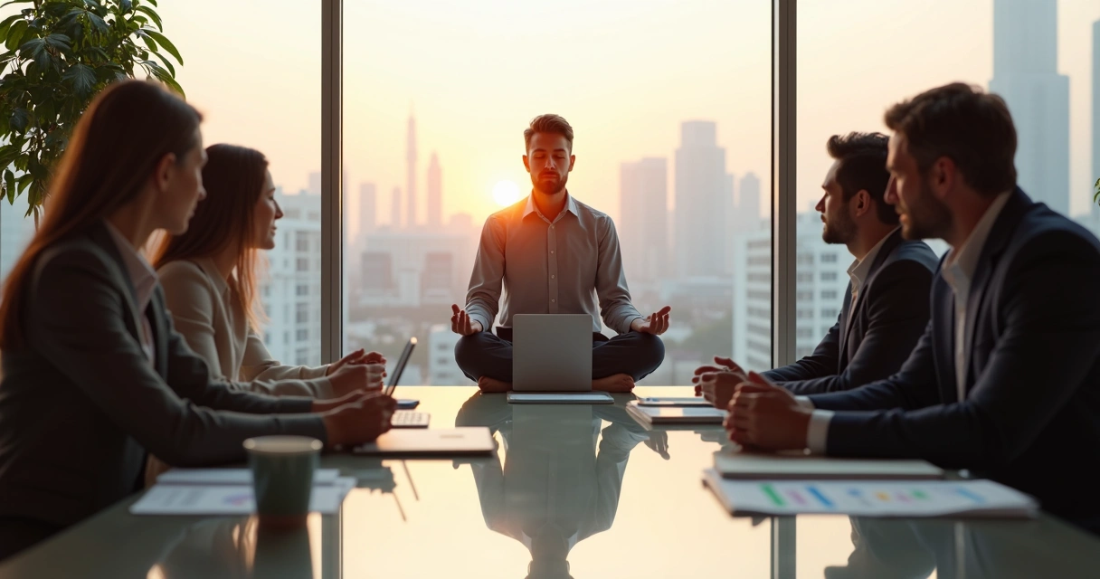 Líder meditando em sala de reunião enquanto equipe acalma um conflito ao fundo 