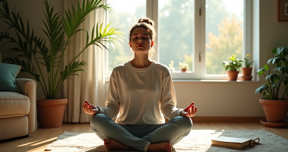 Pessoa sentada refletindo, olhos fechados, em ambiente interno tranquilo 