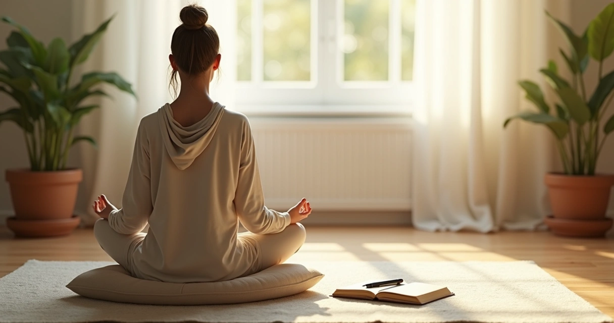 Pessoa sentada em posição de meditação em ambiente calmo