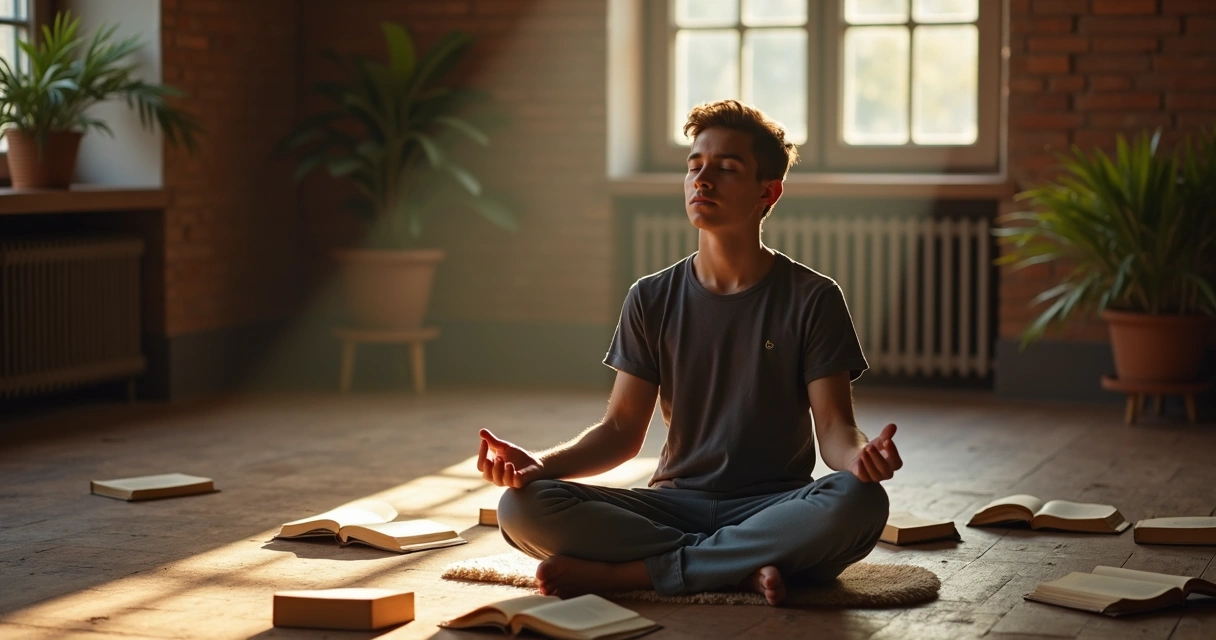 Pessoa em posição de meditação refletindo com livros filosóficos ao redor 