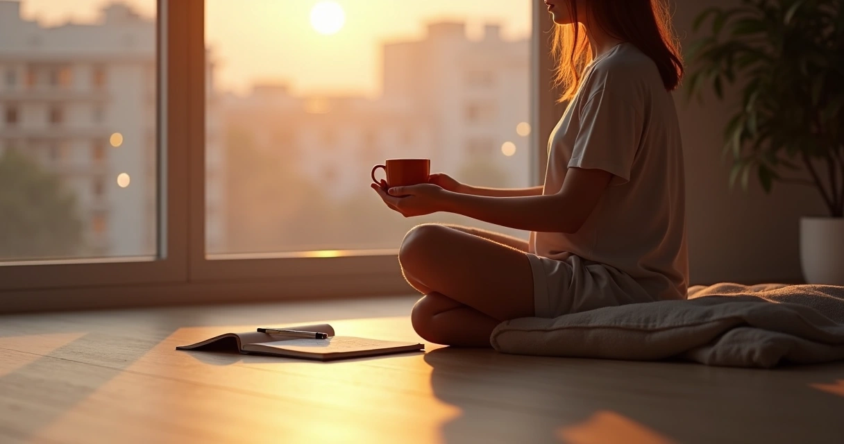 Pessoa sentada em postura de meditação olhando pela janela ao pôr do sol com caderno de anotações ao lado 