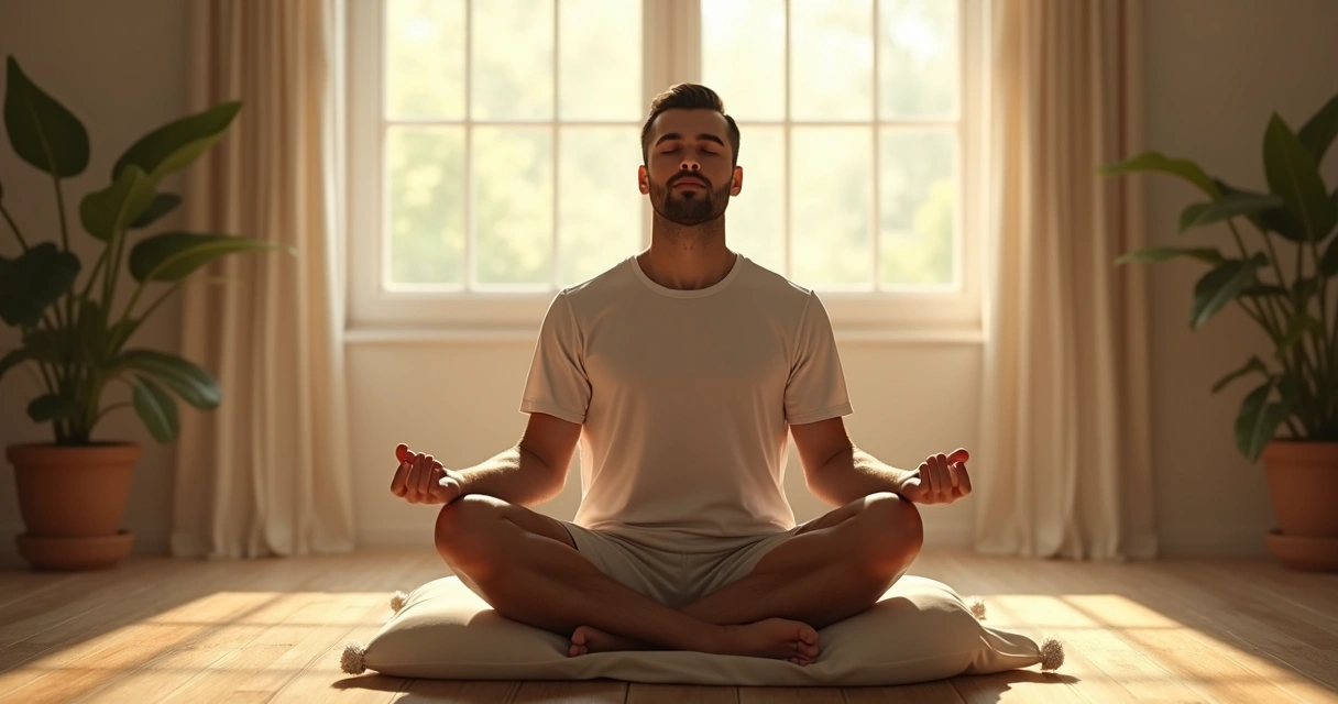 Homem sentado em posição de meditação, olhos fechados, expressando reflexão tranquila enquanto a luz suave da manhã entra por uma janela ao fundo 