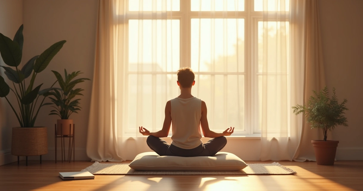 Pessoa sentada em meditação diante de janela com luz suave