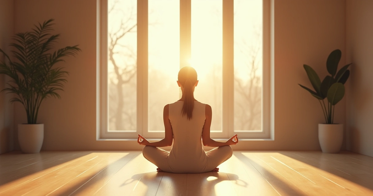 Pessoa sentada meditando cercada de luz suave 