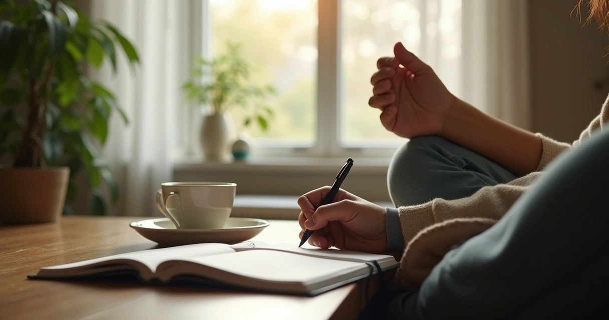Pessoa sentada refletindo e escrevendo em um caderno aberto