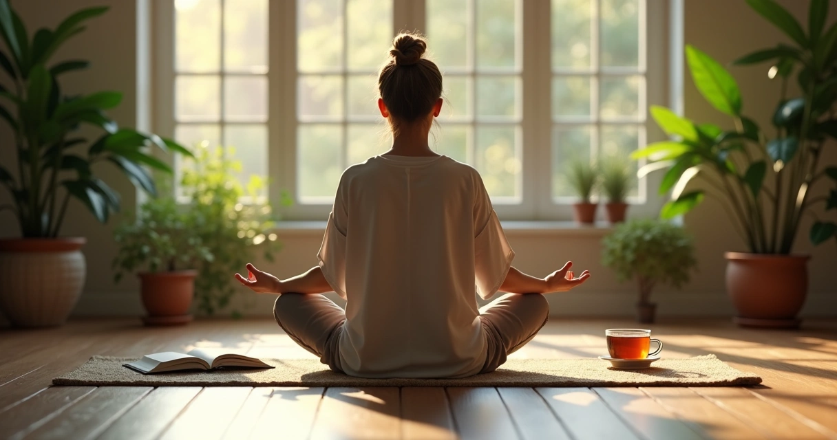 Pessoa meditando em ambiente tranquilo, com luz suave e plantas ao fundo 