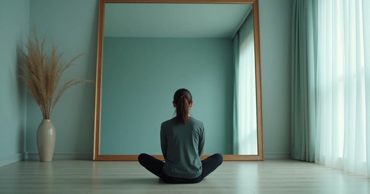 Pessoa sentada em frente a um espelho em postura meditativa 
