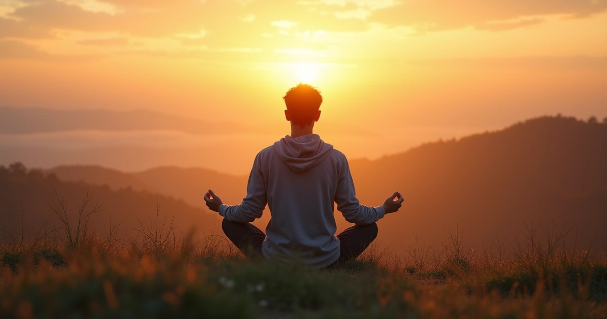 Pessoa sentada em posição de meditação olhando para o horizonte ao nascer do sol 