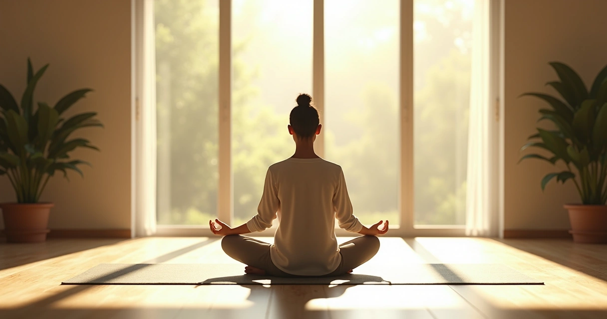 Pessoa sentada em posição de meditação em ambiente iluminado 